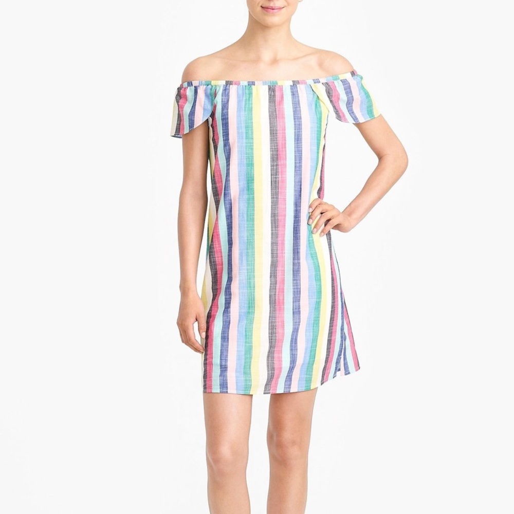 J. Crew Fac. Candy Rainbow Stripe Off Shoulder Dress Size 8